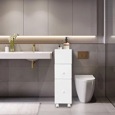 Immagine prodotto di Mobile da bagno autoportante - Armadietto bianco stretto con contenitore mobile per piccoli spazi