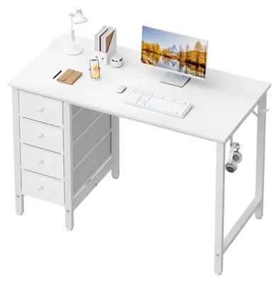 Produktbild von Weißer Schreibtisch mit Schubladen, kleiner Computertisch 100 cm für Büro und Homeoffice