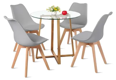 Productafbeelding van Eetset bestaande uit een eettafel met 4 stoelen, rond glas, grijs/notenhout, 80x80x75 cm
