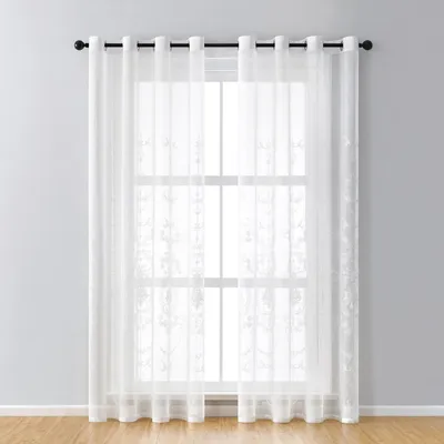 Zdjęcie produktu dla Easy Home Marokańskie zasłony z haftowanym adamaszkiem - 140 x 215 cm Przezroczyste - zestaw 2 szt. Białe
