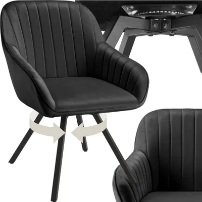 A black velvet armchair with a swivel base is shown from multiple angles, with arrows indicating rotation.