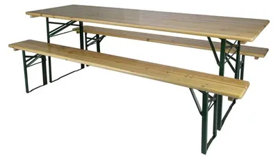 Produktbild von Bierzeltgarnitur Serie 70er, Tisch 220x70 cm, Bänke 220x25 cm, Stahlgestell, grün pulverbeschichtet