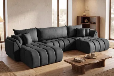 Produktbild von Ecksofa 382x184 cm mit Schlaffunktion & Bettkasten – Grau Samt – U-Sofa, Schlafsofa mit Liegefläche 330x149 cm, inkl. 3 Rückenkissen & 4 Dekokissen