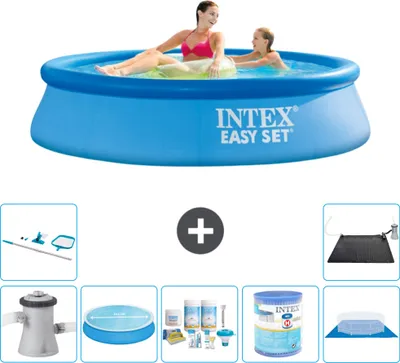 Produktbild von Intex runder aufblasbarer Easy Set-Schwimmpool – 244 x 61 cm – Blau – inklusive Pumpe Sonnensegel - Wartungspaket - Filter - Bodenplane - Reinigungskit - Solarmatte