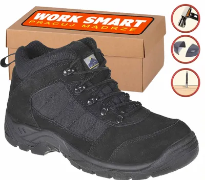 A black work boot is shown next to its packaging and some illustrative icons.