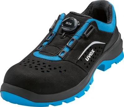 A single black and blue safety shoe is shown against a white background.