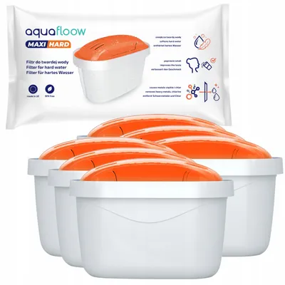 A package of Aquafloow Maxi Hard water filter cartridges, with a group of cartridges shown below the packaging.