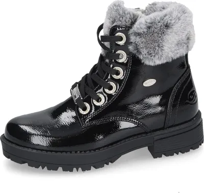 A black patent leather boot with gray faux fur trim and black laces, shown against a white background.