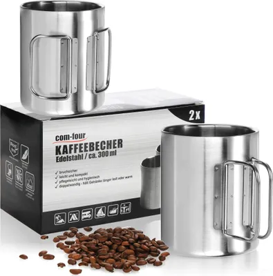Produktbild von com-four® 2x Edelstahl-Kaffeebecher - 300 ml je Tasse - Thermo-Trinkbecher aus rostfreiem Edelstahl 304 mit Klapphenkel - doppelwandige Isolierbecher - BPA-frei