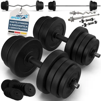 Produktbild von Artsport 3in1 Hantelset mit 2 Kurzhanteln, 1 Langhantel & 1 SZ Curlhantel – 12 Gewichte mit 60kg und Sternverschlüssen – Hantel Set Krafttraining