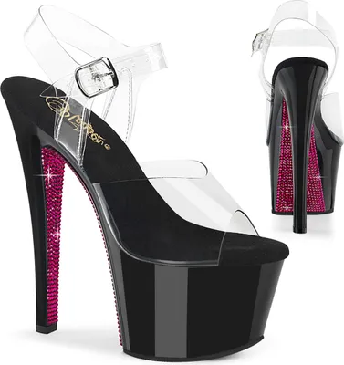Produktbild von SKY-308CRS Pleaser Damen High-Heels Plateausandaletten klar schwarz hotpink Strass