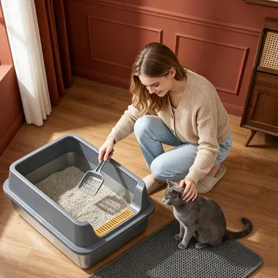 Produktbild von Katzenklo Edelstahl XXL, 60 × 40 × 26 cm, Katzenklo mit Hoher Rand, mit XL-Matte, Schaufel, Leicht zu Reinigen, Katzentoilette Antihaftbeschichtet
