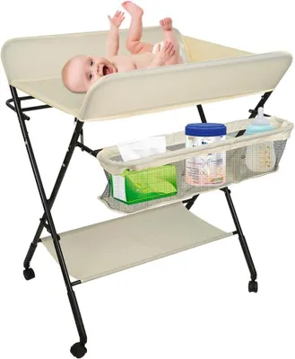 Image de Table à langer pour bébé - Pliable et mobile - 80 x 66 x 98 cm - Beige