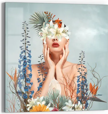 Produktbild von DEQORI Glasbild Echtglas 30x30 cm 'Nackte Frau mit Blumen' Wandbild Bild modern Deko