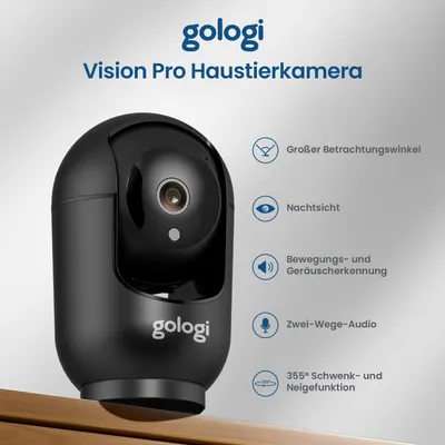 Produktbild von Gologi Haustierkamera mit App - Hundekamera - Überwachungskamera für Haustiere - Mit WiFi - Schwarz