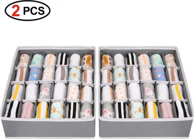 Produktbild von 2 Stück Aufbewahrungsboxen für Unterwäsche und andere kleine Zubehörteile,24 Zellen Faltbare Schubladenunterteilungen zum Aufbewahren von Socken,Schals,Büstenhalter (Grau)
