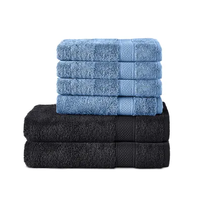 Produktbild von Komfortec 6er Handtuch Set aus 100% Baumwolle, 2er Badetücher 70x140 cm und 4er Handtücher 50x100 cm , Frottee, Weich, Schwarz/Hellblau