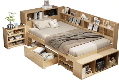 Produktbild von AIORBER Multifunktionales Kinderbett 90x200/140x200 cm, Stauraumbett mit Schubladen, Regal, Stauschrank, Lattenrost, ohne Matratze, Natur
