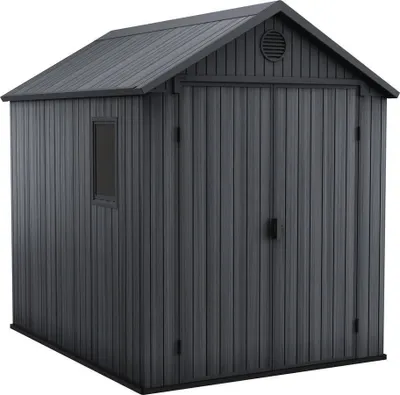 A dark gray shed with a window and double doors, presented against a white background.