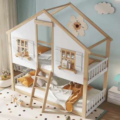 Obrázek produktu pro okwish Patrová postel 90x200 Dětská postel bez matrace s okny a bezpečnostním zábradlím, Dřevěný rám postele s pevnými lamelami, Bílá+Přírodní