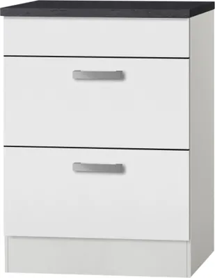 A white cabinet with two drawers and a dark gray countertop.