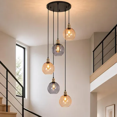 Produktbild von ZMH Pendelleuchte Esstisch Hängelampe Treppenhaus 5 Flammig 160cm Höhenverstellbar Glas Hängeleuchte für Villa Wohnzimmer Esszimmer Schlafzimmer Flur