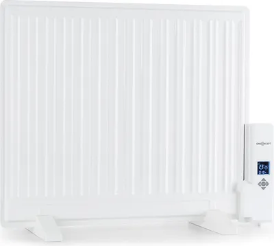 A white electric radiator with a digital display and controls on the right side, shown against a white background.