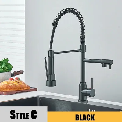 Immagine prodotto di Miscelatore da cucina – Miscelatore estraibile per lavello – Rotazione a 360° – Doppio beccuccio – Doccetta estraibile – Acqua calda e fredda – Acciaio inossidabile – Nero