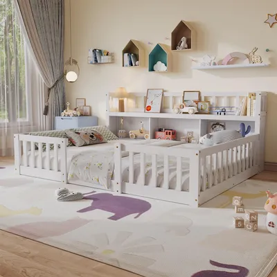 Produktbild von REMZETTA Kinderbett 140x200 cm mit Bücherregal, Rausfallschutz und Lattenrost, Weiß