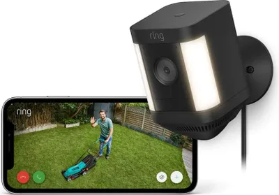 Produktbild von Ring Spotlight Kamera Plus, IP-Sicherheitskamera, Draußen, Kabellos, Decke/Wand, Schwarz, Box