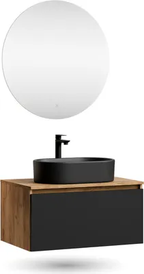 Produktbild von Planetmöbel ARISA Badmöbel Set Schwarz – Mit Nova LED Spiegel und schwarzem Keramik-Aufsatzwaschbecken 55 cm