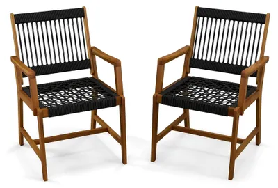 Produktbild von Terrassenstühle aus Akazienholz und Seilgeflecht, 2er Set Balkon- und Gartenstühle mit Rückenlehne und Armlehne, 160 kg Tragfähigkeit