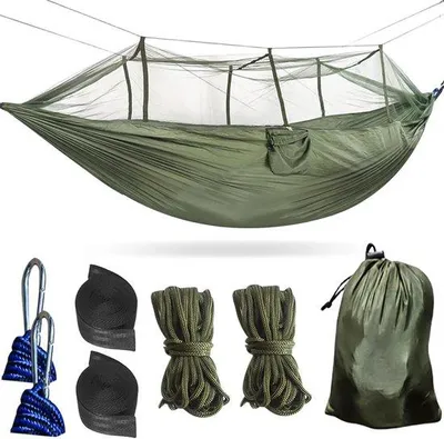 Image de Hamac d'extérieur 260 x 140 cm, vert olive, capacité de charge de 300 kg, avec moustiquaire