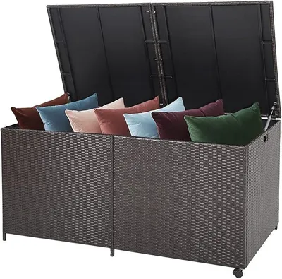 Produktbild von 662 Liter Polyrattan Kissenbox, Auflagenbox mit Gasdruckfedern, Gartenbox mit Griffen und Rollen, Garten Aufbewahrungsbox für Spielzeug, Kissen, 150 x 77 x 73 cm