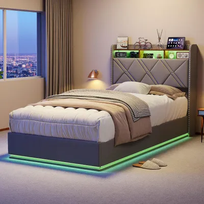 Obrázok produktu pre UnboxG čalúnená posteľ 90x200 cm s úložným priestorom, hydraulickým systémom, LED osvetlením, USB a Type-C nabíjacím portom, čalúnenou opierkou s odkladacím priestorom, poťah z ľanu, sivá farba