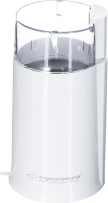 A white electric coffee grinder with a clear lid, shown from the front.