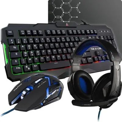 Immagine prodotto di Pacchetto Gamer 4 in 1 The G-Lab COMBO ARGON, tastiera retroilluminata, mouse 3200 DPI, cuffie con bassi potenziati, tappetino antiscivolo