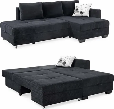 Produktbild von Ecksofa Schwenkfunktion Doppelbett Schlafcouch Bettkasten Cordbezug in Schwarz / 15216
