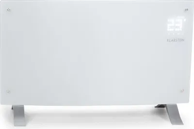 A white glass electric heater with a digital display and two silver legs, shown against a white background.