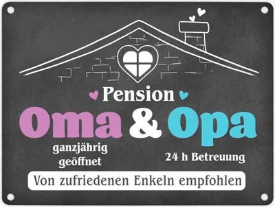 Produktbild von Pension Oma & Opa Metallschild in 15x20 cm mit Spruch Von zufriedenen Enkeln