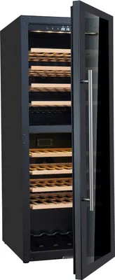 A wine refrigerator with its door open, showing multiple shelves for bottles.