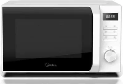 A white Midea microwave oven is shown from the front.