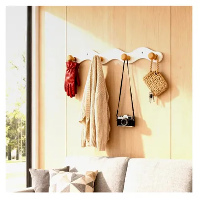 Produktbild von Garderobenleiste ohne Bohren 35,5 cm mit 4 Holz-Haken, cremefarbene Garderobenhaken für Flur, Kinderzimmer und Wohnzimmer