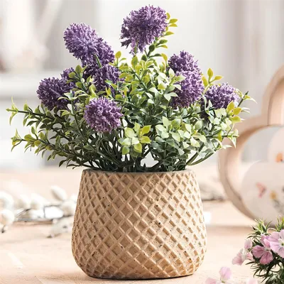 Produktbild von Kunstpflanze "Allium" im Topf, Kunstblume 18 cm hoch, künstliche Pflanze wie echt, Zierlauch mit Blüten in lila