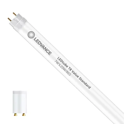 A single LED tube light is shown diagonally against a white background. A smaller, cylindrical object, possibly a connector or adapter, is visible in the bottom left corner.