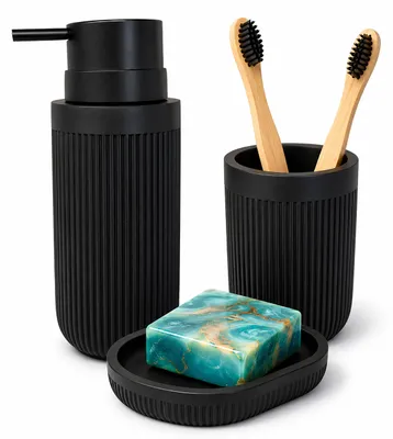 Image de Accessoires de salle de bain Relaxdays, lot de 3 pièces, porte-savon, distributeur de savon, gobelet à brosse à dents, polyrésine, ensemble d'accessoires de salle de bain, noir