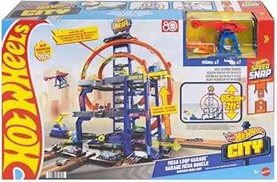 Produktbild von Hot Wheels City Mega-Parkgarage-Spielset mit 1 Die-Cast-Spielzeugauto und 1 Spielzeug-Hubschrauber im Maßstab 1:64, Fahrzeug- & Schienen-Set, 4 Jahr(e), Kunststoff, Mehrfarbig