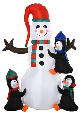 Produktbild von HOMCOM Weihnachten aufblasbarer Schneemann mit 3 Pinguinen Polyester