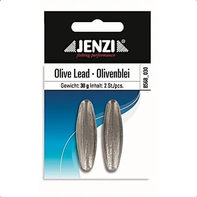 Produktbild von Olivenblei 30g, 2 Stück, mit exakt geformtem Führungskanal und Gewichtsangabe auf dem Blei