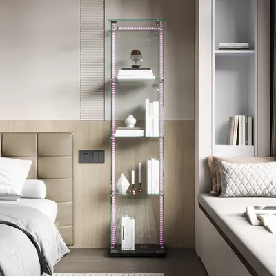 Image de Vitrine sur Pied en Verre, Collection, 4 Couches, 1 Porte, LED, 39.8x35x163 cm, Salon, Chambre, Bureau, Noir
